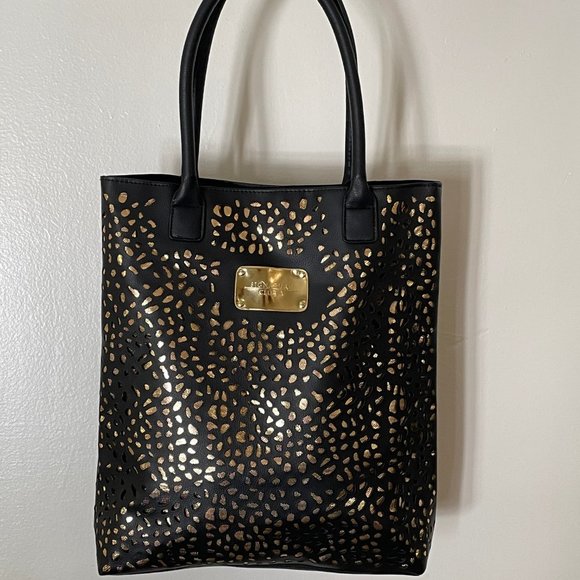 Signature Club A Black and Gold Tote/Shoulder Bag/Lace Effect - Picture 2 of 10